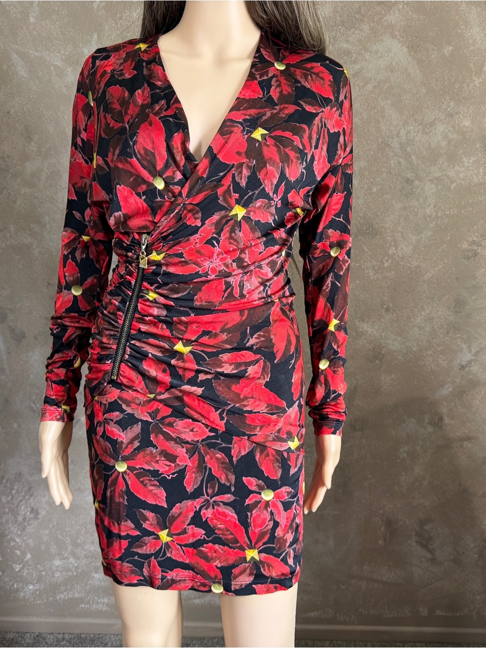 Designer Class ROBERTO CAVALLI Red Floral Ruched V-Neck Dress Y2K Sz 6 - Picture 13 of 13